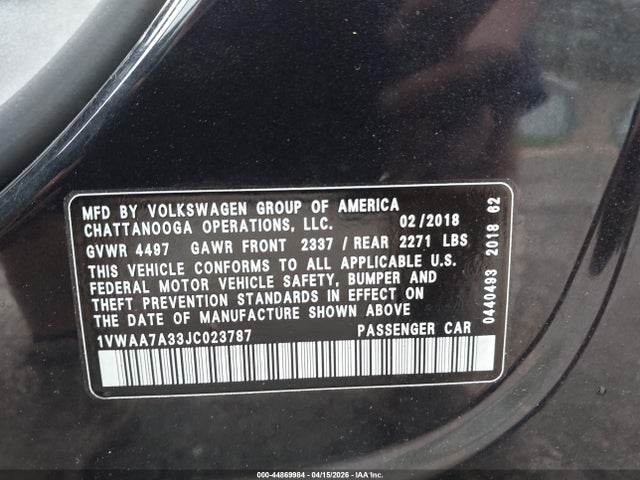 Продаж на аукціоні авто 2018 Volkswagen Passat 2.0t R-line/2.0t S, vin: 1VWAA7A33JC023787, номер лоту: 44869984