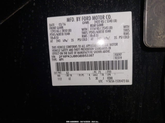 Ford EDGE SEL 2016 2FMPK3J88GBB53387 Image 9