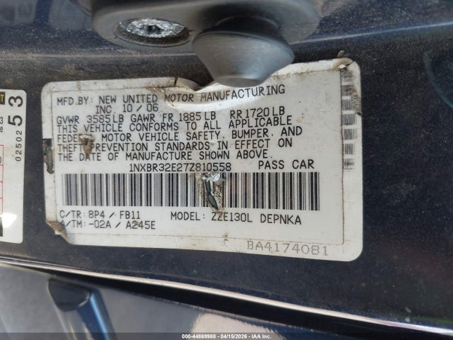 Auction sale of the 2007 Toyota Corolla Le, vin: 1NXBR32E27Z810558, lot number: 44869988