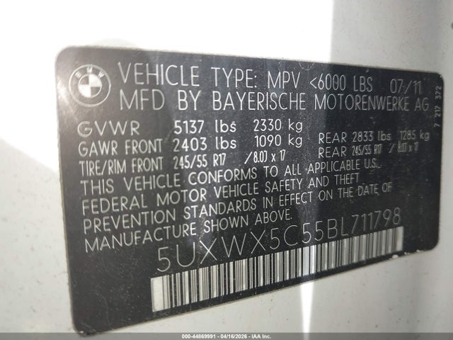 44869991 :رقم المزاد ، 5UXWX5C55BL711798 vin ، 2011 Bmw X3 Xdrive28i مزاد بيع