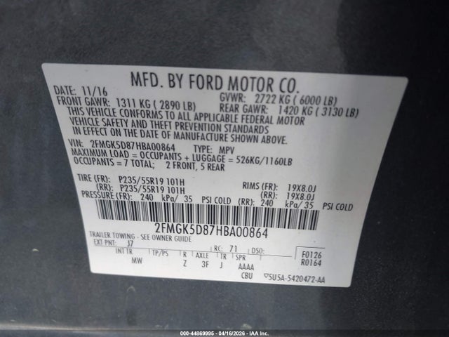 44869995 :رقم المزاد ، 2FMGK5D87HBA00864 vin ، 2017 Ford Flex Limited مزاد بيع