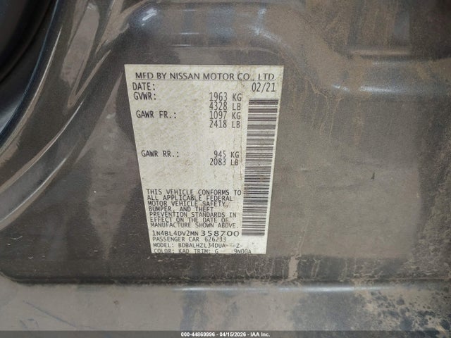 Aukcja sprzedaży 2021 Nissan Altima Sv Fwd, vin: 1N4BL4DV2MN358700, numer aukcji: 44869996