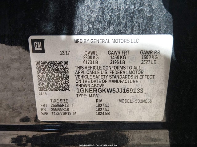 1GNERGKW5JJ169133 Chevrolet Traverse 1lt
