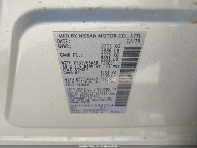 Nissan Pathfinder Sl 2wd 2020 5N1DR2CN3LC596214 Image 9