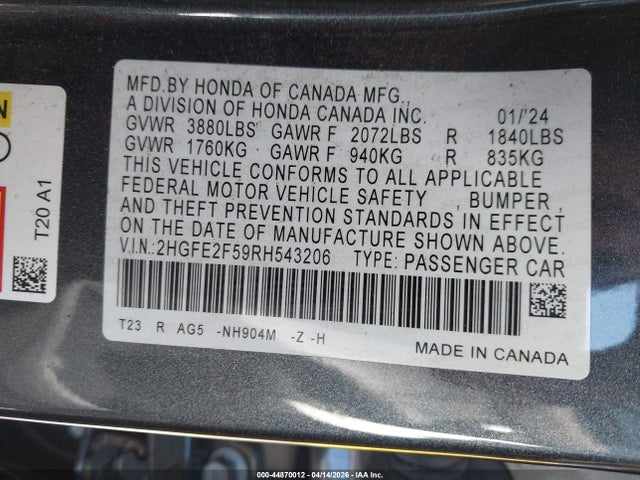 2HGFE2F59RH543206 Honda Civic Sport