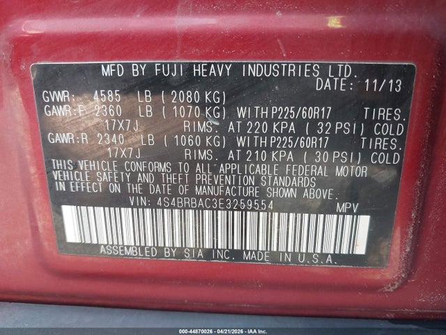 44870026 :رقم المزاد ، 4S4BRBAC3E3259554 vin ، 2014 Subaru Outback 2.5i مزاد بيع