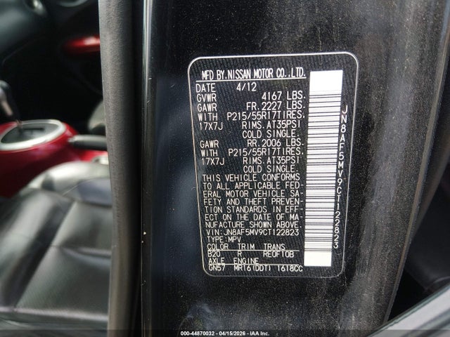 Aukcja sprzedaży 2012 Nissan Juke Sl, vin: JN8AF5MV9CT122823, numer aukcji: 44870032