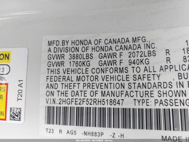 2HGFE2F52RH518647 Honda Civic Sport