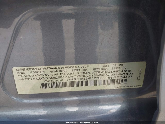 Продаж на аукціоні авто 2008 Volkswagen Jetta S, vin: 3VWJM71K18M112782, номер лоту: 44870047