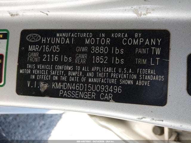 Aukcja sprzedaży 2005 Hyundai Elantra Gls/gt, vin: KMHDN46D15U093496, numer aukcji: 44870061