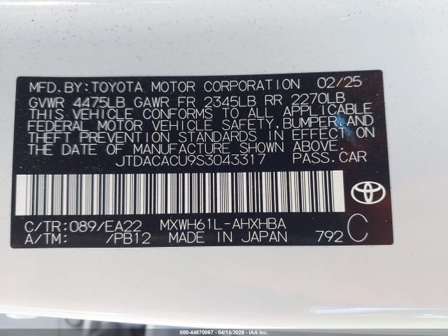 Aukcja sprzedaży 2025 Toyota Prius Plug-in Hybrid Xse Premium, vin: JTDACACU9S3043317, numer aukcji: 44870067