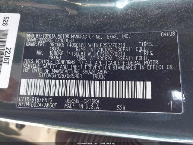 Aukcja sprzedaży 2008 Toyota Tundra Base 5.7l V8, vin: 5TFBV54128X065963, numer aukcji: 44870068