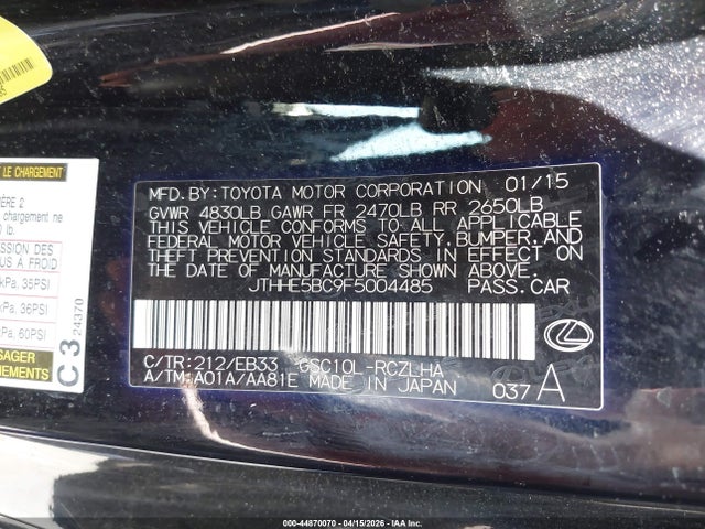 Aukcja sprzedaży 2015 Lexus Rc 350, vin: JTHHE5BC9F5004485, numer aukcji: 44870070