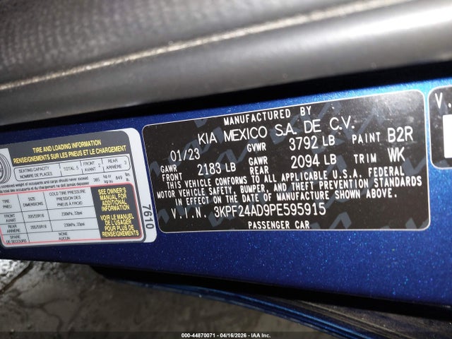 44870071 :رقم المزاد ، 3KPF24AD9PE595915 vin ، 2023 Kia Forte Lxs مزاد بيع