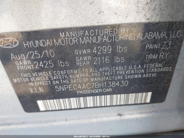 2011 Hyundai Sonata Se მანქანა იყიდება აუქციონზე, vin: 5NPEC4AC7BH138430, აუქციონის ნომერი: 44870072