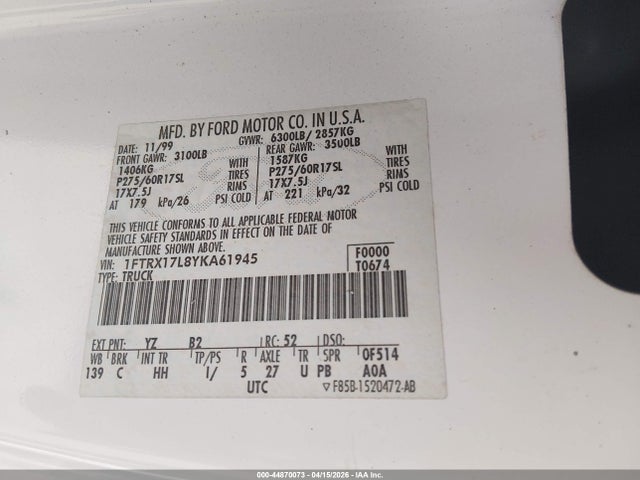 Aukcja sprzedaży 2000 Ford F-150 Lariat/work Series/xl/xlt, vin: 1FTRX17L8YKA61945, numer aukcji: 44870073