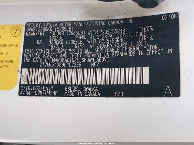 44870079 :رقم المزاد ، 2T2HK31U89C102256 vin ، 2009 Lexus Rx 350 مزاد بيع