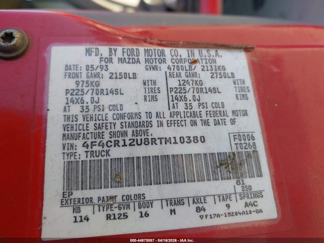 44870087 :رقم المزاد ، 4F4CR12U8RTM10380 vin ، 1994 Mazda B3000 مزاد بيع