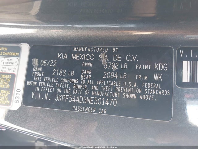 2022 Kia Forte Gt-line მანქანა იყიდება აუქციონზე, vin: 3KPF54AD5NE501470, აუქციონის ნომერი: 44870091