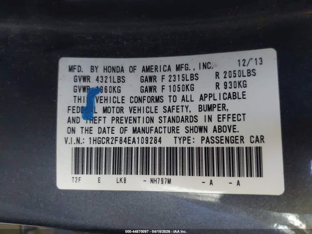 Honda Accord Ex-l 2014 1HGCR2F84EA109284 Image 9
