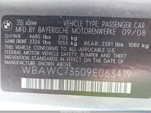 2009 Bmw 335i Xdrive მანქანა იყიდება აუქციონზე, vin: WBAWC73509E063419, აუქციონის ნომერი: 44870102
