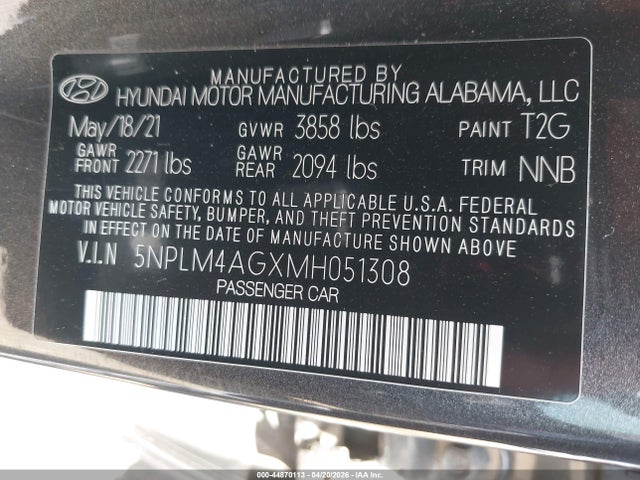 5NPLM4AGXMH051308 Hyundai ELANTRA SEL