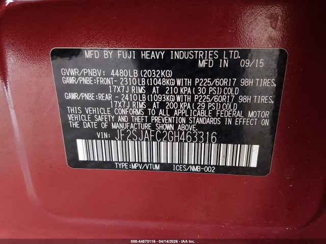 2016 Subaru Forester 2.5i Premium მანქანა იყიდება აუქციონზე, vin: JF2SJAFC2GH463316, აუქციონის ნომერი: 44870116