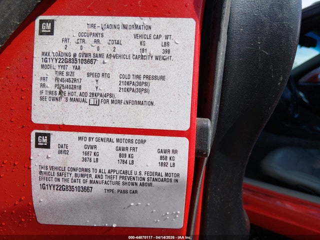 Продаж на аукціоні авто 2003 Chevrolet Corvette, vin: 1G1YY22G835103667, номер лоту: 44870117