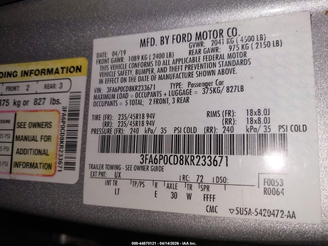 Ford FUSION SEL 2019 3FA6P0CD8KR233671 Image 9