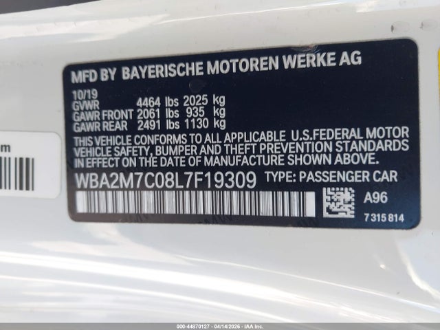Aukcja sprzedaży 2020 Bmw 230i, vin: WBA2M7C08L7F19309, numer aukcji: 44870127