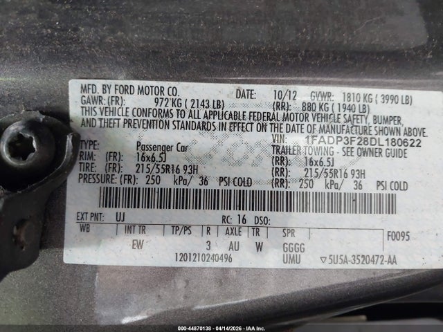 2013 Ford Focus Se მანქანა იყიდება აუქციონზე, vin: 1FADP3F28DL180622, აუქციონის ნომერი: 44870138
