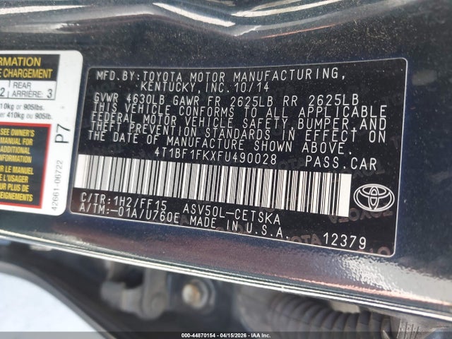 Продажа на аукционе авто 2015 Toyota Camry Se, vin: 4T1BF1FKXFU490028, номер лота: 44870154
