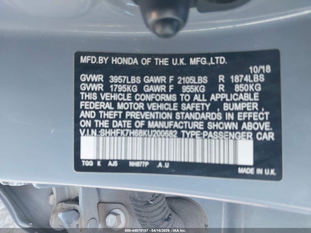 2019 Honda Civic Ex მანქანა იყიდება აუქციონზე, vin: SHHFK7H68KU200682, აუქციონის ნომერი: 44870157