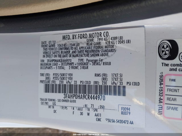 Продажа на аукционе авто 2012 Ford Fusion Se, vin: 3FAHP0HA9CR444970, номер лота: 44870161