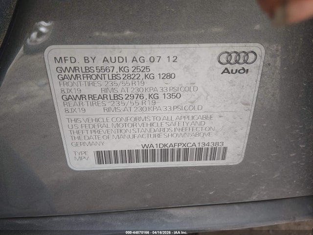 Продажа на аукционе авто 2012 Audi Q5 3.2 Premium Plus, vin: WA1DKAFPXCA134383, номер лота: 44870166