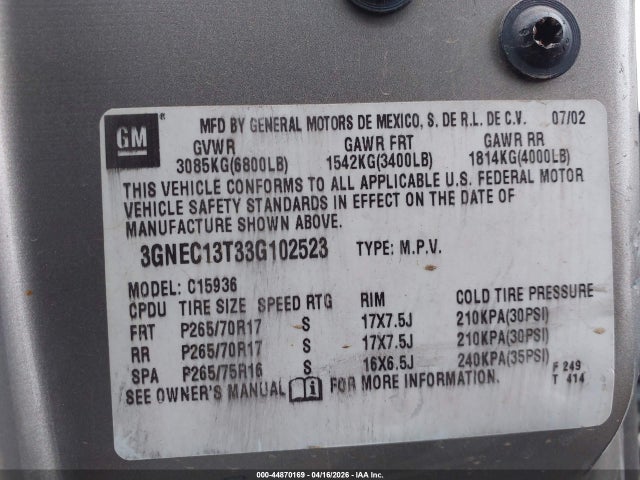 2003 Chevrolet Avalanche 1500 მანქანა იყიდება აუქციონზე, vin: 3GNEC13T33G102523, აუქციონის ნომერი: 44870169