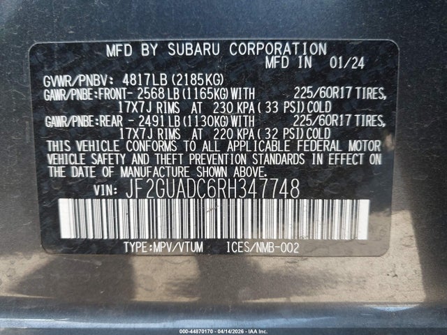 44870170 :رقم المزاد ، JF2GUADC6RH347748 vin ، 2024 Subaru Crosstrek Premium مزاد بيع