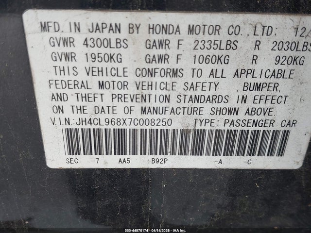 Aukcja sprzedaży 2007 Acura Tsx, vin: JH4CL968X7C008250, numer aukcji: 44870174