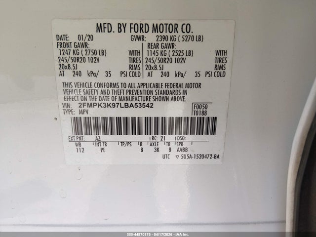44870175 :رقم المزاد ، 2FMPK3K97LBA53542 vin ، 2020 Ford Edge Titanium مزاد بيع