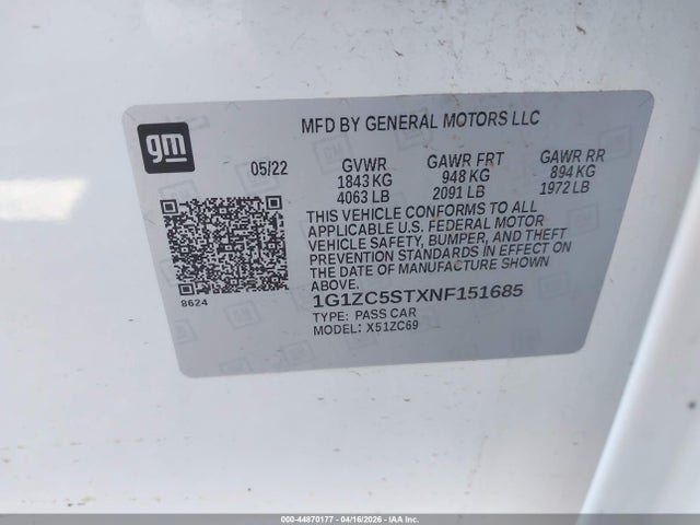 Продаж на аукціоні авто 2022 Chevrolet Malibu Fwd 1fl, vin: 1G1ZC5STXNF151685, номер лоту: 44870177