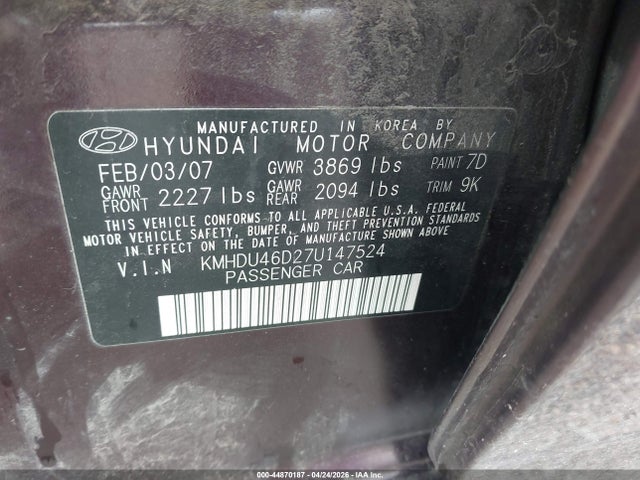 Aukcja sprzedaży 2007 Hyundai Elantra Gls/limited/se, vin: KMHDU46D27U147524, numer aukcji: 44870187