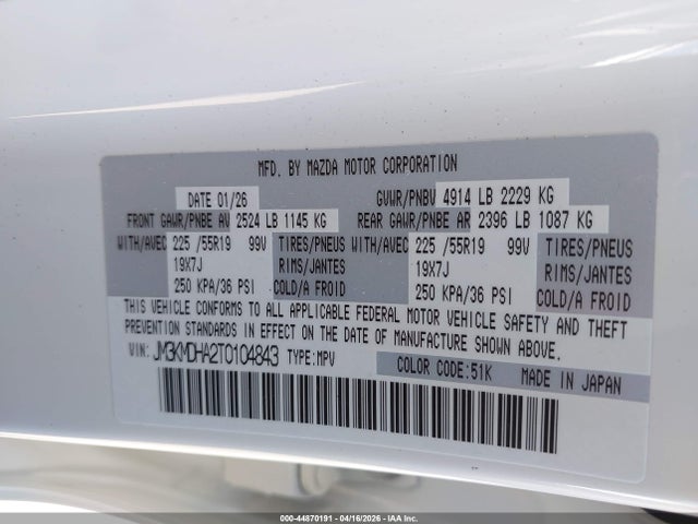Aukcja sprzedaży 2026 Mazda Cx-5 2.5 S Premium, vin: JM3KMDHA2T0104843, numer aukcji: 44870191
