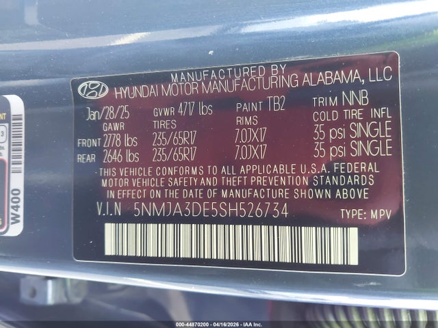 Продаж на аукціоні авто 2025 Hyundai Tucson Se, vin: 5NMJA3DE5SH526734, номер лоту: 44870200