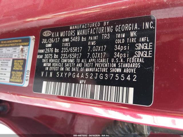Продаж на аукціоні авто 2018 Kia Sorento 3.3l Lx, vin: 5XYPG4A52JG375542, номер лоту: 44870202