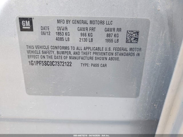 Aukcja sprzedaży 2012 Chevrolet Cruze 1lt, vin: 1G1PF5SC0C7372122, numer aukcji: 44870218