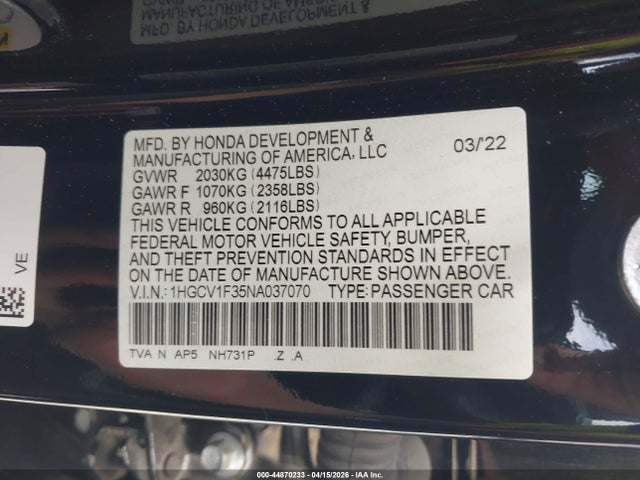1HGCV1F35NA037070 Honda Accord Sport