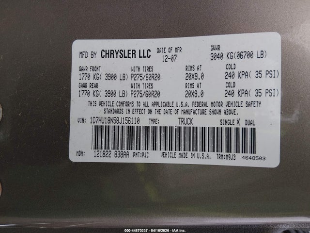 Продажа на аукционе авто 2008 Dodge Ram 1500 Slt, vin: 1D7HU18N58J156110, номер лота: 44870237