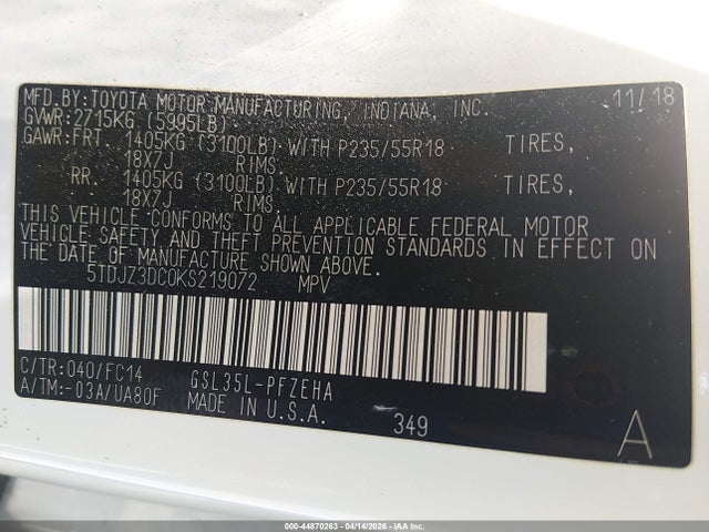 Toyota Sienna Le 7 Passenger 2019 5TDJZ3DC0KS219072 Image 9