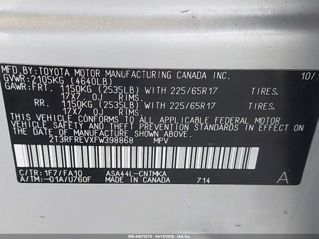 Toyota Rav4 Xle 2015 2T3RFREVXFW398868 Image 9