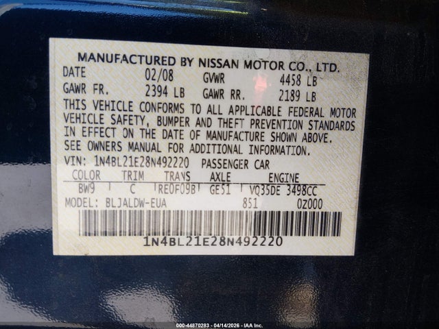 Aukcja sprzedaży 2008 Nissan Altima 3.5 Se, vin: 1N4BL21E28N492220, numer aukcji: 44870283